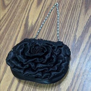 Vintage Elegant Black Floral Evening Bag with silver chain handle and trim